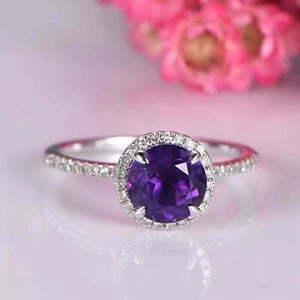 2Ct Lab-Created Amethyst Engagement Ring Halo Solitaire 9ct SOLID White Gold - Picture 1 of 8