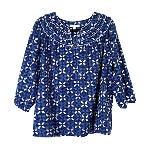 Pure Jill J.Jill Elements Collection Womens Blue White Floral Gathered Blouse L - Picture 1 of 9