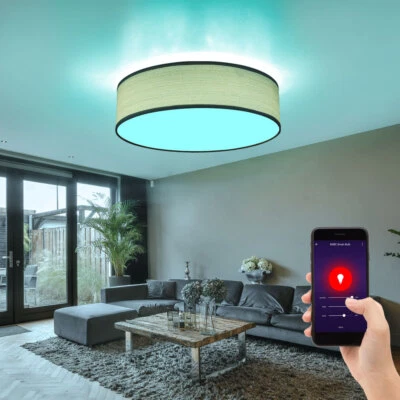 Smart Home LED Lampe Google grau Dimmer Holz Optik rund Alexa RGB Decken Leuchte - Bild 1 von 4