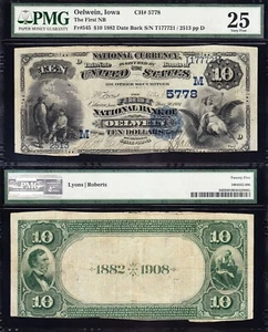 NICE VF *RARE* 1882 $10 OELWEIN, IA "2nd Charter" National Note! PMG 25! 77721 - Picture 1 of 3