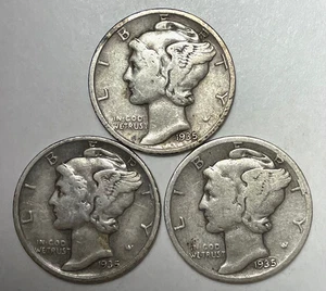 1935, 1935-D and 1935-S 10C Mercury Dimes 90% Silver - Picture 1 of 2