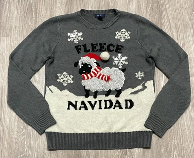 FEO HUMORÍSTICO Navidad Suéter MEDIANO Gris Lentejuelas Copos de Nieve Oveja Santa Sombrero Foto 1 de 4