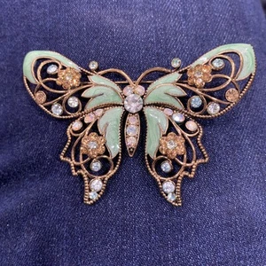 Vintage Nina Ricci Avon Butterfly Brooch Enamel And Rhinestones Teal Green - Picture 1 of 5