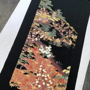 Spettacolare #D 14,5x62 LUNGO dipinto a mano Tomesode tessuto kimono seta nero ToF52 - Foto 1 di 7
