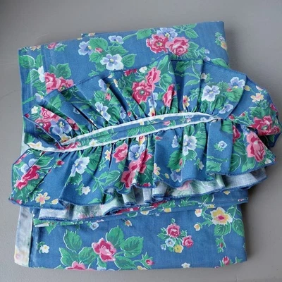 Roupa de cama feminina vintage Martex Top Sheet QUEEN com babados fita floral azul cottagecore - Imagem 1 de 4