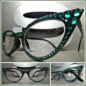 Womens VINTAGE CAT EYE Style READING EYE GLASSES READERS Green Crystals Handmade - Picture 1 of 20