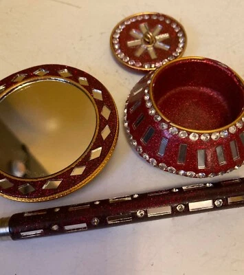 Juego de RESINA ROJA JOYA Espejo, Bolígrafo y Caja de Baratijas de la India 3""W 3 piezas Foto 1 de 4
