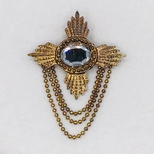 Vintage Art Deco Stil Brosche Anstecknadel Statement Strass antik goldfarben Kugelkette - Bild 1 von 5
