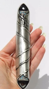 Judaica Silver Mezuzah Case Embossed Shadi Name Of God w Swarovski Crystals - Picture 1 of 6