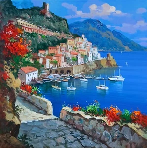 AMALFI PAINTING DESCENT SEASIDE PAINTER SOMMA ITALIAN WALL DECOR AMALFITAN COAST - Picture 1 of 11