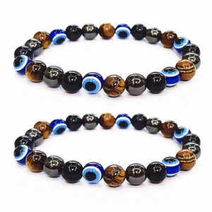 2Pcs Evil Eye Hematite Obsidian Tiger Eye Triple Protection Bracelet Weight Loss - Picture 1 of 9