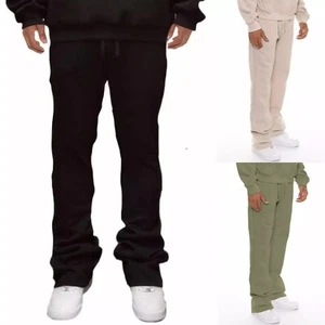 Men's Solid Stacked Flared Drawstring Sweatpants Track Pants - Picture 1 of 14