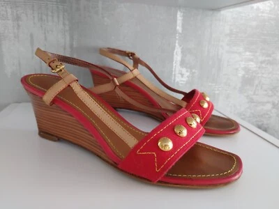LOUIS VUITTON Canvas Leather Heels Wedge Slingback Sandals Gold Studded Shoes 37 - Image 1 of 4