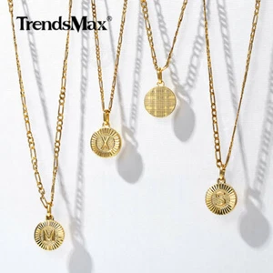Gold Plated 26 Letters Pendant Necklace Stainless Steel Figaro Chain Choker Gift - Picture 1 of 36