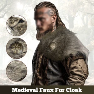Medieval Faux Fur Collar Warrior Shoulder Cape Halloween Costume Cosplay Prop - Picture 1 of 9