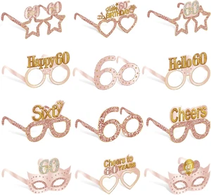 24PCS 60Th Birthday Paper Eyeglasses Decorations for Women, Pink Rose Gold Happy - Picture 1 of 12