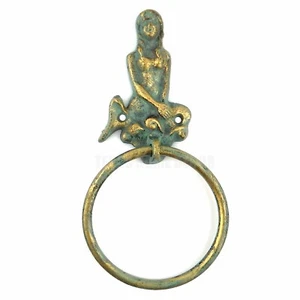 Mermaid Sitting Towel Ring Wall Mounted Cast Iron Green Gold Antique Bronze 9" - Picture 1 of 3
