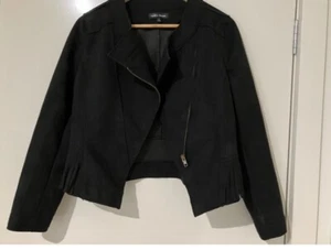 Caroline Morgan black faux suede jacket ladies short cropped lined tassel fringe - Picture 1 of 7