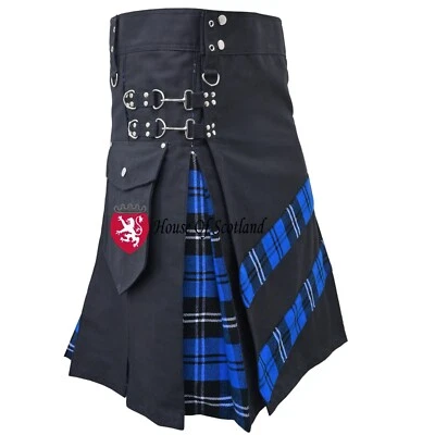 HOUSE OF SCOTLAND Scottish Hybrid Tartan Utility Kilt für Männer 8 Yard Acryl Wolle schwarz Baumwolle Kil