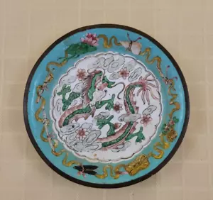 Antique Chinese Canton Enamel on Metal 4 1/2" Saucer Mini Plate DRAGON - Picture 1 of 6