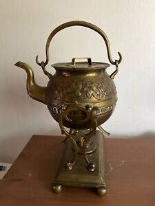 EARLY rare antiq 19th C. BRASS TEAPOT ON STAND WITH ORIGINAL BURNER, MARKED