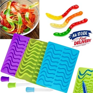 20 Silicone Gummy Snake Worms Mold Candy Jelly Ice Cube Mould With 2 Dropper - Picture 1 of 16