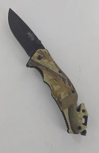 Used- FOLDING POCKET KNIFE Black Tanto Blade Green Camo - Picture 1 of 4