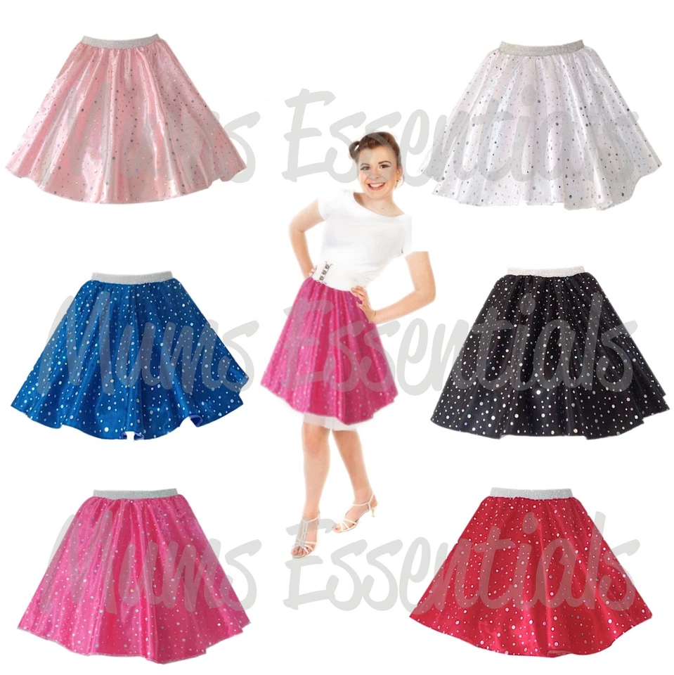 GIRLS SATIN Sequin Polka Dot Rock n Roll Dance COSTUME Circle Skirt FANCY DRESS - Image 1 of 2