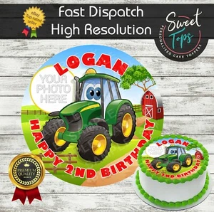TRACTOR + PHOTO ROUND EDIBLE BIRTHDAY CAKE TOPPER PARTY DECORATION PERSONALISED - Picture 1 of 1