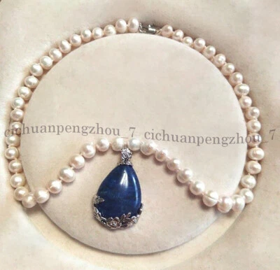 Collar colgante natural de 8-9 mm de perlas blancas de agua dulce de lapislázuli de 18"" Foto 1 de 4