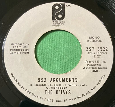 992 Arguments by The O’Jays (Philadelphia Int,1972) Mono + Stereo Promo Vinyl 45 - Image 1 of 4