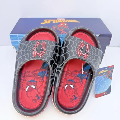 Spider-Man Slides Black Red Web Marvel Sandals Boys Kids Shoes Size 12 - Image 1 of 4