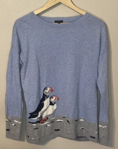Talbots Blue & Gray Sweater Puffins Petites Large PL Long Sleeve - Picture 1 of 8