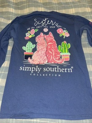 Simply Southern Girls Tshirt Long Sleeve Sisters Cats Blue Small - Image 1 of 4