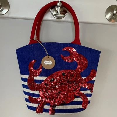 Новый с Ярлыками Mudpie краб Dazzle маленькая сумка с короткими ручками красный блестки краб на синий и белый полосы - Изображение 1 из 4