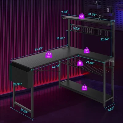 52 дюйма L-образный игровой стол со светодиодной подсветкой розетки питания угловой компьютерный стол - Изображение 1 из 4