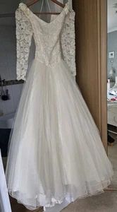 Ivory Wedding Dress Tulle Satin Skirt With Lace Pearl & Sequin Bodice Size 12/14 - Picture 1 of 8