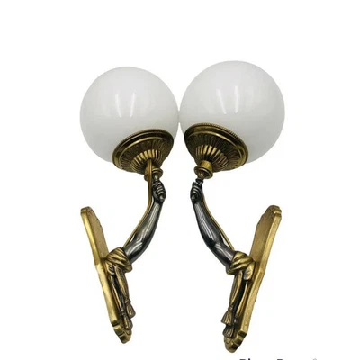 Pair 1940s French Regency Gilt Bronze Arm Light Bearer Sconces Maison Bagues - Image 1 of 4