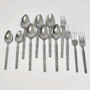Lifetime Cutlery Stainless Bamboo 12 Pcs Spoons Forks Japan Vtg MCM dinner Salad - Picture 1 of 5
