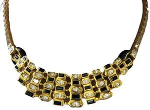 Jaeger Collar Necklace Gold Tone Choker Black And Icy Crystals Statement Piece - Picture 1 of 7