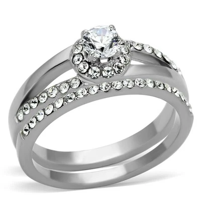 Women's 2PC Round Cut CZ Halo Engagement Wedding Ring 316 Steel Bridal Band Set - Image 1 of 4