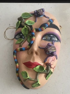 Vtg Clay Art Mask Hand-crafted Frogs & Snake Crawling Out Of Woman’s Face 3D - Picture 1 of 5