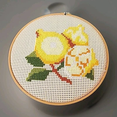 Vintage Embroidered Lemon Hoop Framed Fruit Home Decor Handmade Yarn Art 9" - Image 1 of 4