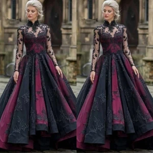Negro Rojo Gótico Vestidos de Novia Cuello Alto Mangas Largas Encaje Apliques Vestido - Imagen 1 de 9