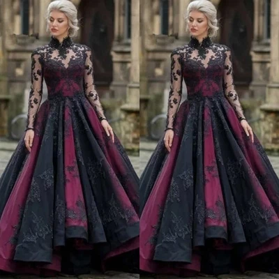 Negro Rojo Gótico Vestidos de Novia Cuello Alto Mangas Largas Encaje Apliques Vestido Foto 1 de 4