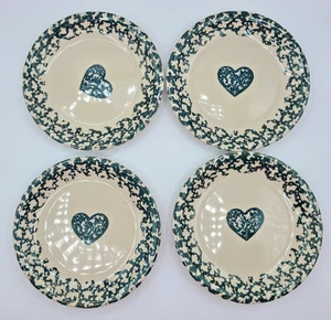Folk Craft Hearts Green/Blue Sponge 7.5" Salad Dessert Plates Tienshan Set of 4 - Picture 1 of 5