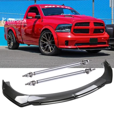 Parachoques labial divisor delantero de fibra de carbono + varillas de puntal para camioneta Dodge Ram 1500 Foto 1 de 4