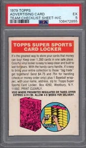 1979 Topps #nn ADVERTISING CARD Team Checklist Sheet H/C PSA 5 Tough! 1/1 3 HGR - Picture 1 of 2