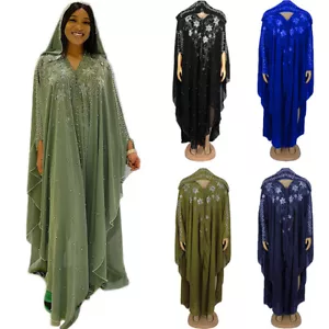 African Dashiki Mujeres Vestidos Sueltos Chifón Estrás Cuentas Abaya Kaftan Con Capucha - Imagen 1 de 27