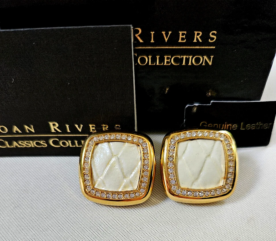 Juego de pendientes Joan Rivers Classics "Shimmering Croco" de cuero marfil y cristal ~ Nuevo con etiquetas Foto 1 de 4